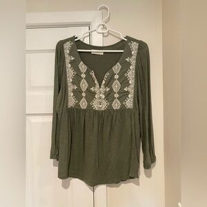 Lucky Brand Women’s Olive Green Embroidered Blouse - Large